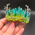 Detail of gradient raw crystals wrapped in silver metal branches on a handmade hair comb - Green Yellow + Branch