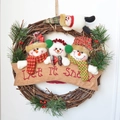 Handcrafted Christmas snowman rattan wreath with Let It Snow banner for holiday door decor - Happy Snowman Large