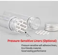 Detail view of transparent PET tube with pressure sensitive seal and silver screw cap - 100ml Tube + Al Cap + Pressure Pad
