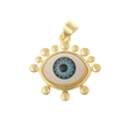 Detailed macro view of the gold-plated evil eye pendant with blue zircon center stone - DZ290-Beaded Frame Round Eye