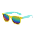 Kids square sunglasses featuring a bright yellow frame with sky blue temples - Yellow Frame Green Temple/Colorful Mirror
