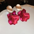 Elegant long rose petal earrings in magenta matte finish with gold stud accents - Rose Red