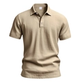 Detail of khaki men's linen blend polo shirt with natural texture and button-down collar - Khaki