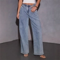 Women's high waist light blue wide leg denim jeans with a relaxed loose fit and drape - S / Denim Blue