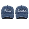 Detail of embroidered PAPA and MAMA text on washed navy blue denim baseball caps set - Navy PAPA+MAMA (2-Piece Set)