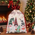 Christmas gnome drawstring gift bag with Nordic forest gnome print on beige linen fabric - Plaid Hat Gnome