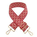 Close-up of red and beige jacquard woven strap with golden metal hooks and buckle - Red