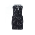 Detail van een stippen strapless jurk met ruches bij de halslijn en vetersluiting - S / Zwart