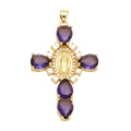 Religious golden cross necklace with purple teardrop stones and central saint medal - Purple