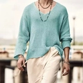 Close-up of light blue hollow knit sweater showing breathable texture and V-neck detail - M / Lake Blue