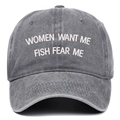 Detail of dark gray washed denim baseball cap with white embroidery FISH FEAR ME - One Size(Adjustable) / Gray