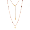 Detailed close-up of gold stainless steel cross necklace with red enamel beads and lobster clasp - Red