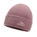 Pink rib-knit beanie with white mountain embroidery for winter outdoor sports - One Size / Pink