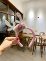 Pink plush Christmas headband with silver sequin reindeer antlers and soft fur balls - Silver