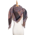 Plaid scarf with colorful stripes and tassel edges displayed on a mannequin torso - Fine Plaid Brown