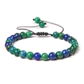 Macro view of blue-green natural tiger eye stone beads on a black braided cord - 6mm (Stretchable) / Phoenix Lapis