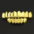 Hip hop style gold-plated copper grillz set with upper and lower teeth on black leather - 14-Piece Set / Top 8 Bottom 6 Gold Set