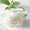Velvet artificial white rose flower with realistic green leaves for home decoration - 7cm / Elsa Rose-White