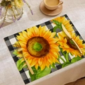 Linen placemat with vibrant sunflower print and black white checkered pattern detail - Sunflower Black White Grids