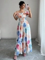 Detail of summer off-shoulder floral maxi dress with elastic waist and vibrant prints - S / Printing