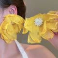 Macro detail of oversized yellow petal mesh earrings with white faux pearl core - 71# Silver Needle - Yellow