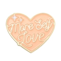 Pink enamel heart-shaped badge with gold metal finish and More Self Love text - Pink Orange Gold Cursive Style (XZ7331)