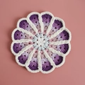Handmade crochet flower coaster with purple gradient yarn and soft white faux fur trim - Purple Gradient