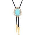 Golden crown bolo tie with turquoise stone and black braided leather cord - 6 (Gold with Blue Green Stone)