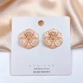 Detail of peach pink enamel flower earrings with gold edges and S925 silver needles - Pink Enamel Flower Earrings (18#) / Pink