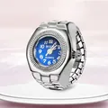 Silver alloy finger watch ring with deep blue dial and elastic expansion band - Small Round Dark Blue Dial