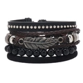 Close-up of multilayer men's leather bracelet set featuring a silver feather charm and beads - RH257-4 (Feather Pendant Set)