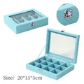 Sky blue 12-grid velvet jewelry box with transparent window and metal lock 20x15x5cm - 12 Grids / Blue