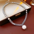 Elegant necklace with grey pearls, clear crystal beads and a large white pearl pendant - Gray Pearl Crystal Alternating Style / Gray