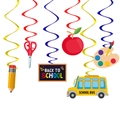 Colorful hanging foil swirls with Back to School themed stationery and bus cutouts - Back to School Hanging Swirls
