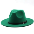 Detail of emerald green jazz fedora with flat brim and black belt with gold buckle - M (56-58cm) / Grass Green