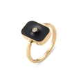 Anello in acciaio inossidabile placcato oro 18K con smalto nero e cristallo centrale - US 6 / Smalto Nero Quadrato Oro