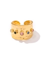 Close-up of golden hammered ring with five colorful zircons on a white background - Golden Hammered Style (JDR201677)