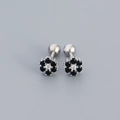 S925 sterling silver flower stud earrings with black petals and clear zircon center - White Gold (Black Stone)