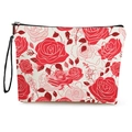 Floral canvas makeup bag with red rose prints and black zipper handle strap - White with Red Rose