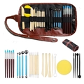 Clay sculpting tool set with blue silicone pens and brown leather storage roll case - 25-piece Clay Tool Set / Pencil Case