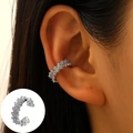 Silver-colored ear bone cuff featuring micro-paved cubic zirconia in a C-shaped design - White K - Simple Diamond Design (WG-0498)
