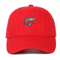Close-up of red cotton baseball cap featuring detailed grey shark embroidery on the front - Adjustable / Red