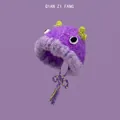 Funny purple monster plush hat with yellow horns and big eyes for quirky winter fashion - One Size / Little Deer Purple