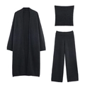 Three-piece dark grey knit set with long cardigan, tube top, and wide-leg pants - S / Dark Gray