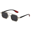 Lunettes de soleil octogonales en métal argenté avec double pont et branches rouges - Monture Argent Verres Gris