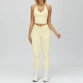 Light yellow yoga set with a halter crop top and V-cross waist leggings for fitness - M / Top And Bottom / Creamy Yellow