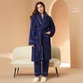 Thick navy blue flannel pajama set with contrast piping and a waist tie belt - Navy Blue Women