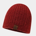 Winter rib-knit beanie in burgundy featuring a brown leather snowflake patch on white background - One Size / Burgundy