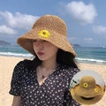 Khaki straw sun hat featuring yellow sunflower embroidery for summer beach style - L (58-60cm) / Sunflower Decor Khaki