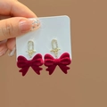 Red velvet bow earrings with gold rhinestone hooks and festive fringe detail - E2756-7 Bow Red Flower Drop Style